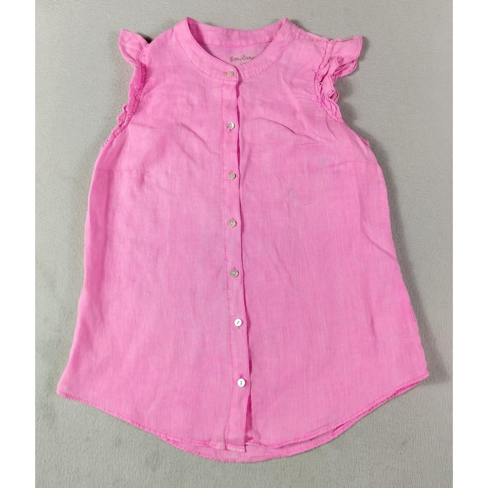 Lilly Pulitzer Blouse Womens XS Pink Linen Button Front Flutter Sleeve Top